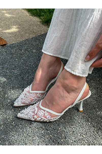 ERVANIN BUTİĞİ Beyaz İnci (Varia) Dantel Detay Kadın Stiletto