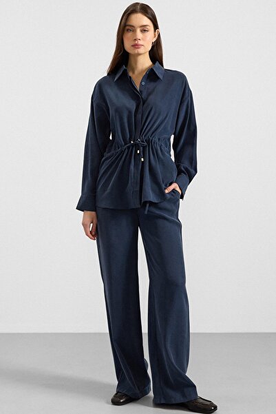 Olcay Shirred Waist Casual Model Shirt Dark Blue 9413