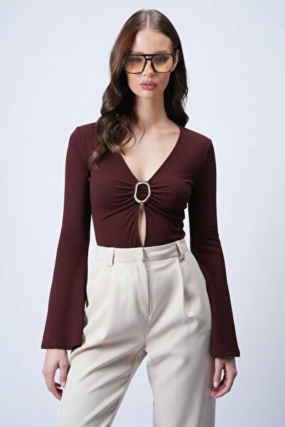 Trend Alaçatı Stili Women's Brown Accessory Detailed Spanish Sleeve Textured ...