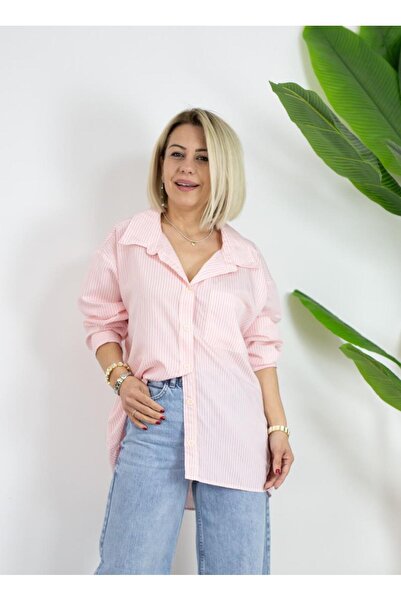 SİSTA MODA 1062 ÇİZGİLİ, CEPLİ, ARKA PİLELİ, OVERSİZE, PAMUK GÖMLEK