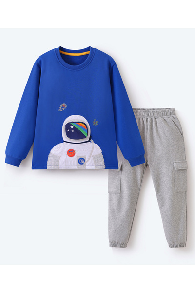 SAPS Astronaut Patched Full Sleeves Sweatshirt and Joggers Set - Grey and Blue