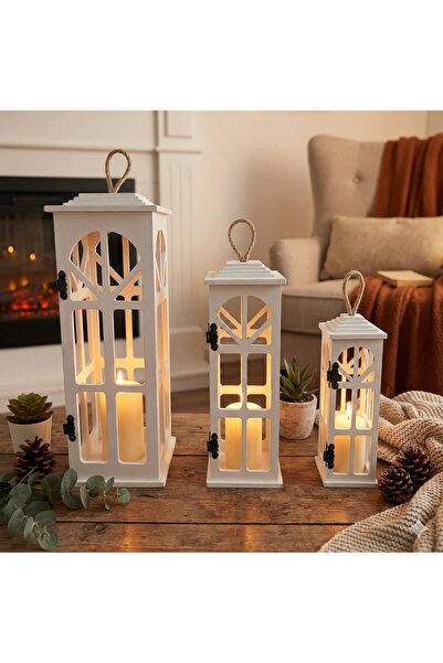 CİNİVİZ SHOP Lüks Dekoratif Ahşap Askılı 3'lü Fener Mumluk