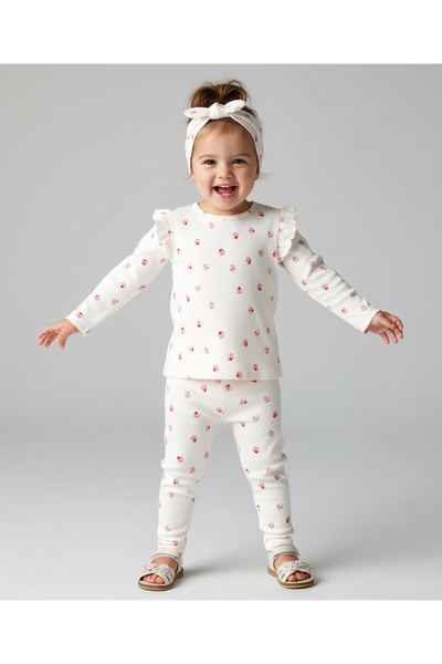 Bonfino Bow Printed T-shirt & Leggings Set with Hairband - Ivory