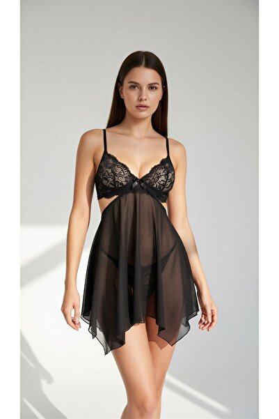 İZOSCA Kadın Zarif Siyah Dantel Babydoll İç Giyim Gecelik