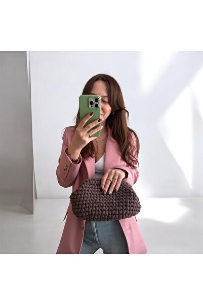 DISENOBAG Acı Kahverengi Burslu Clutch Örme Çanta