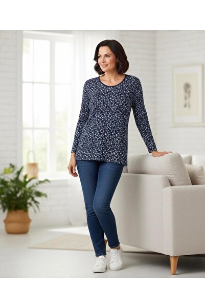 THEBEK Yumoş Velvety Suede Patterned Blouse Blue Pattern / Navy Blue