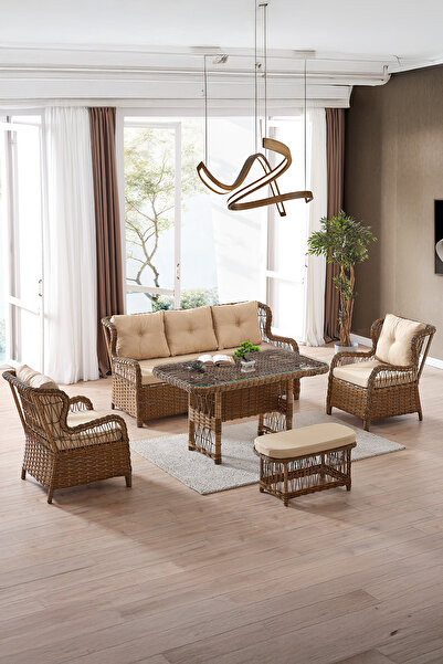 Evdemo Paris Rattan Puflu Bahçe Balkon Takımı 3+1+1 Cam Masalı Kahve