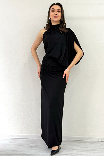 zks grup tekstil Women's One-Shoulder Draped Detailed Asymmetrical Long Dress...