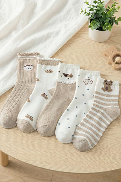 BGK Women's 5-Pack Beige-Brown Striped Cotton Socks with Teddy Bear Design
