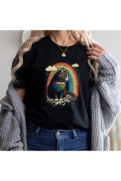 Kartier Tricou Dama Negru Rainbow Cat