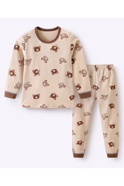 SAPS 100% Cotton All Over Teddy Bear Printed Full Sleeves Pyjama Set - Beige\...