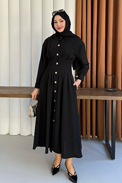 Modaensarbutik Bel Sason Detaylı Ön Düğmeli Tensel Tesettür Elbise-SİYAH