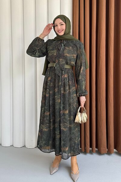 Modaensarbutik Beli Lastikli & Kemer Detaylı Şifon Tesettür Elbise-YEŞİL