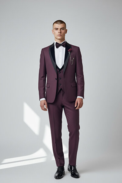 AtlasGiyim Erkek Bordo Slim Fit Şal Yaka Damatlık Takım Elbise