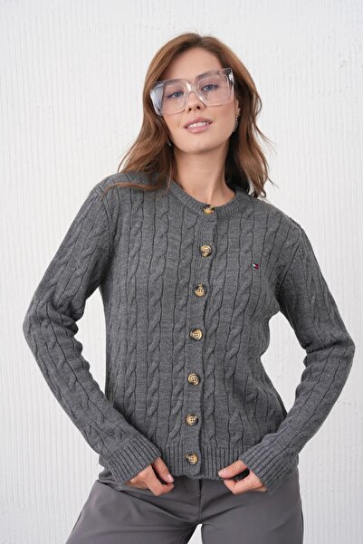 Park Karon Women's Crew Neck Button Closure Hair Knit Knitwear Jacket 8618