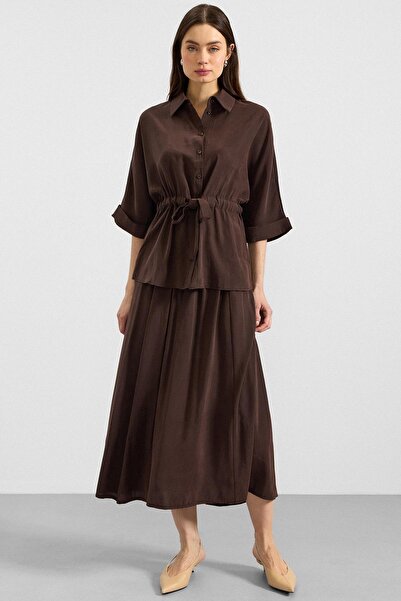 Olcay Waist Gathered Three Quarter Sleeve Modal Shirt Brown 9409