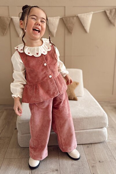 miabambim Ретро сърце Детайлна риза Жилетка Панталони 3-частен комплект Розов