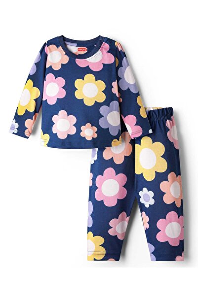 Babyhug Cotton Knit Full Sleeves Floral Printed Night Suit - Navy Blue