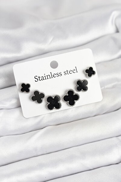 Ebijuteri 316L Steel Silver Black Color 3 Sizes Clover Earrings Set