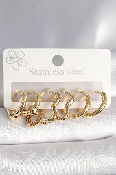 Ebijuteri 316L Steel Gold Color Star Hoop Model Women's Earring Set