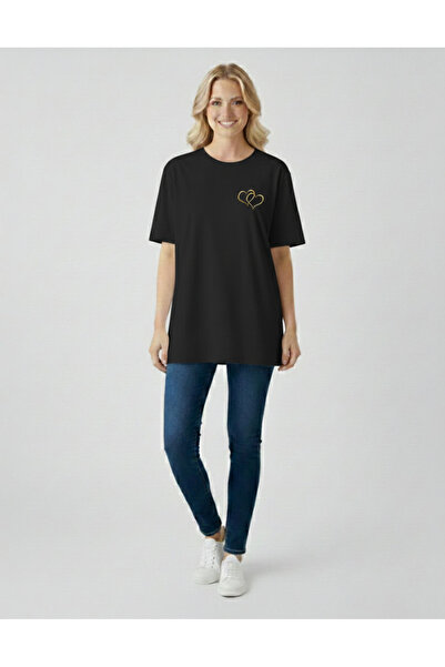türkmen solak Oversize Çift Kalp Baskılı Tişört – Pamuk Penye, Kadın Günlük T...