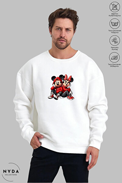 Nyda Collections Hanorac unisex cu imprimeu Minnie Mickey, cu gâtul tip crewn...