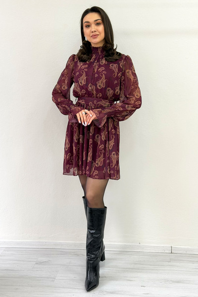 zks grup tekstil Women's Shawl Patterned Belted Chiffon Mini Dress Brown, Plum