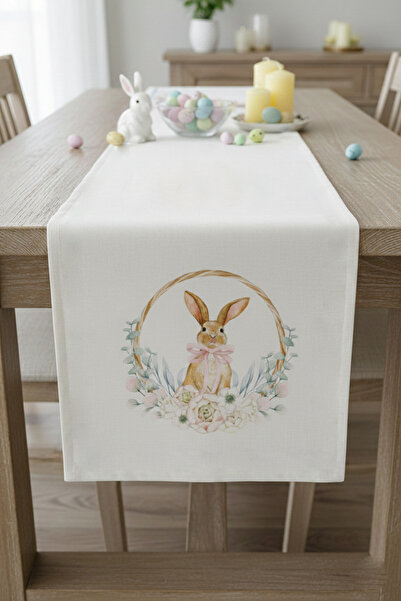 Markaev Easter Ribbon Rabbit Cotton Table Runner 0107– 50X150 cm