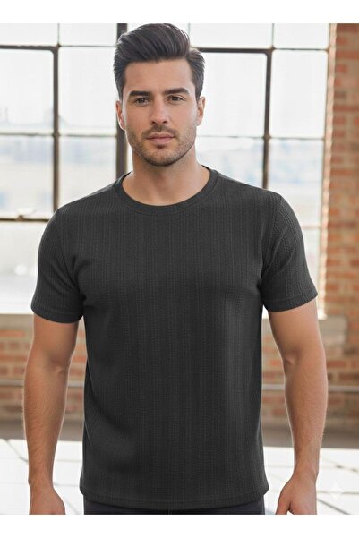 NO 601 Ανδρικό μπλουζάκι με σκούρο γκρι σχέδιο αλυσίδας και πλεκτή όψη κανονι...