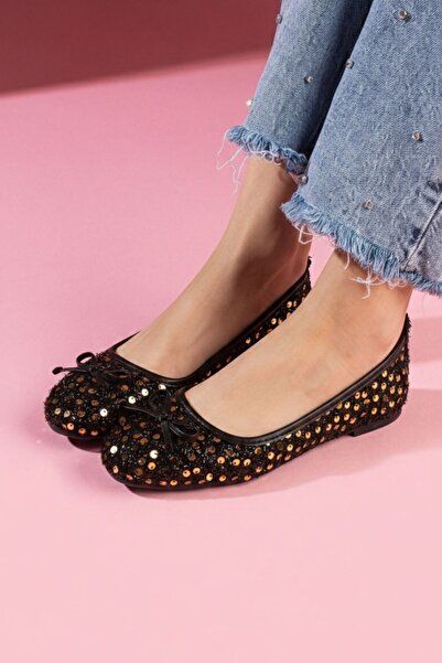 FUGA MODA Lucent Black Gold Sequined Ballerinas with Sequined Bow Detail