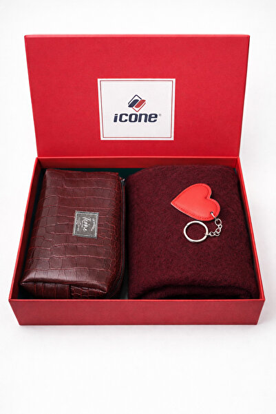 ICONE BAG Sevgililer Günü Hediye Seti Bordo Deri Makyaj Çantası, Bordo Şal, K...