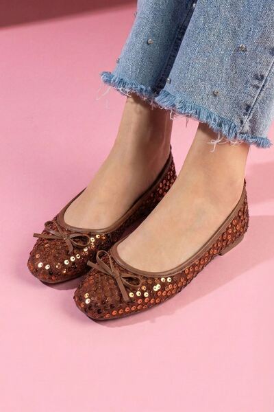 FUGA MODA Lucent Tan Sequined Ballerina Flats with Sequined Bow Detail