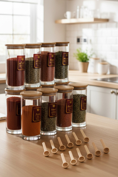 Snippy Nare - 12'li Bambu Vakumlu Kapaklı Ahşap Kaşıklı Etiketli Cam Baharatl...
