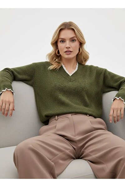 Park Karon سترة نسائية من التريكو بتفاصيل دانتيل وياقة على شكل حرف V 8716