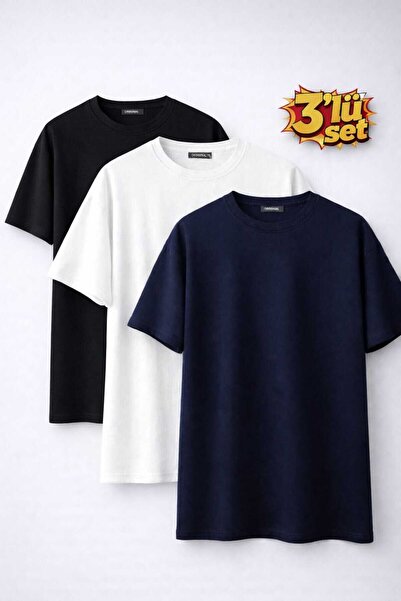 T.trend BASİC T-SHİRT 3'LÜ SET SİYAH BEYAZ LACİVERT PAMUK KUMAŞ REGULAR KALIP...