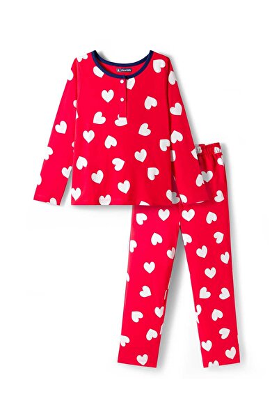 Pine kids Cotton Knit Full Sleeves Pajama Set with Heart Print - Red