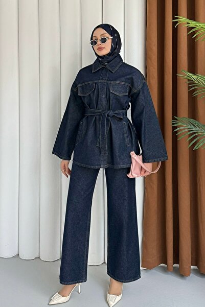 Modaensarbutik Bağlamalı Çıtçıt Detay Denim Tesettür Takım-KOYU MAVİ