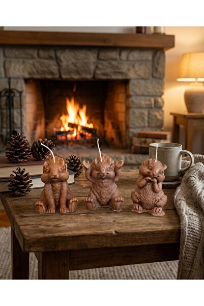 Raw Home Sincap Figürlü 3’lü Kahverengi Dekoratif Mum Seti – Amber Kokulu %10...