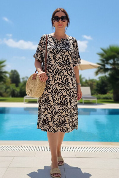 AYASOFYA OTANTIK Women's Beige Buttoned Round Neck Pocket Shawl Patterned Sho...