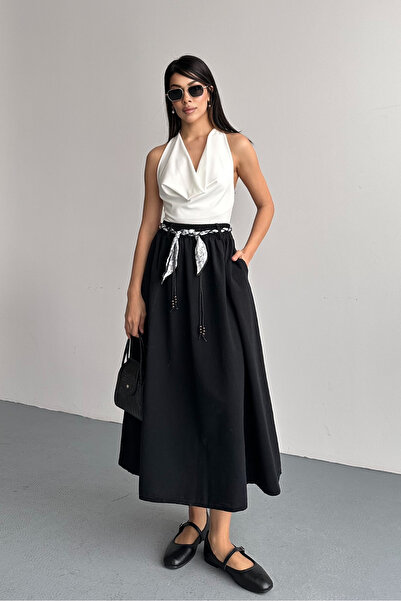 macharel jeans Cotton Midi Skirt with Pockets and Belt