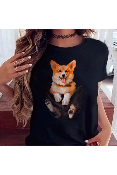 Kartier Дамска черна тениска с корги принт