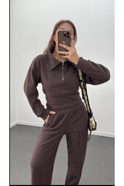 heree Daily Neck Zipper Comfortable Cut Women's Two-Piece Set
