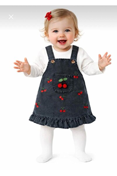 TUOBEBE Kız Bebek Kot Salopet Elbise Kiraz Detaylı, Bluzlu Takım