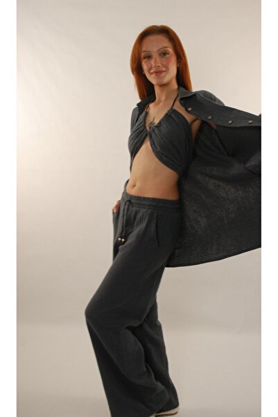 B&T MODA Müslin Beli Lastikli Bol Paça Pantolon Antrasit