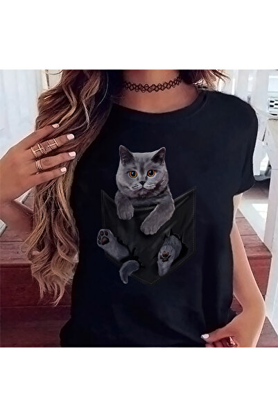 Kartier Дамска черна тениска с британска сива котка