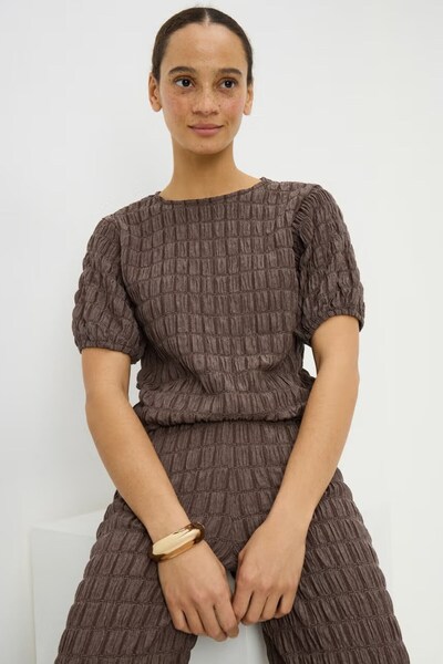 Kübra Tekstil Women's Brown Short Sleeve Blouse Wide Leg Pants Stylish Textur...