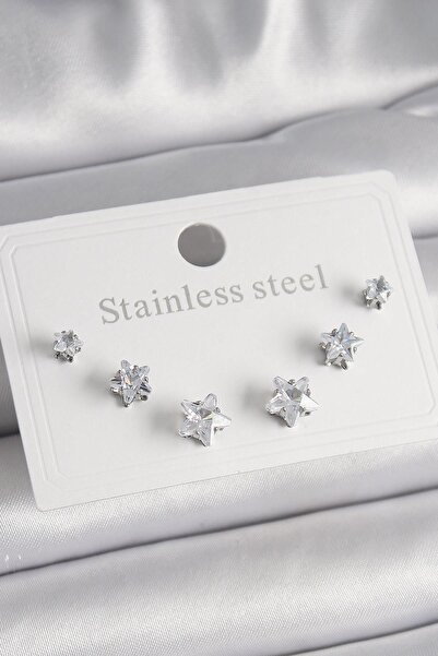 Ebijuteri 316L Steel Silver Color Zircon Stone Star Model Women's Earring Set