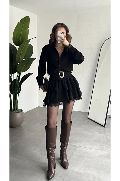 asfamoda Rochie mini neagră de damă, cu detaliu de centură, cu volane, cu gul...