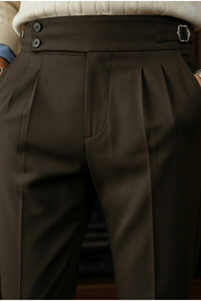 MENOFOURSWEAR Men's Old Money Pleated Harvest Italian Cut Fabric Trousers Bit...