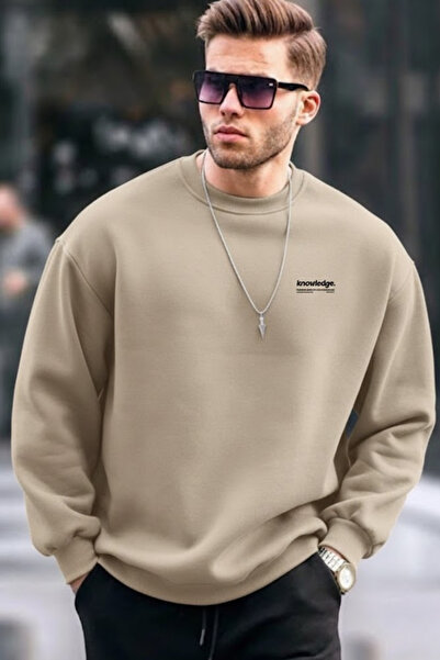 COMBİNE MİCHAİL Hanorac casual crem cu imprimeu text pentru bărbați